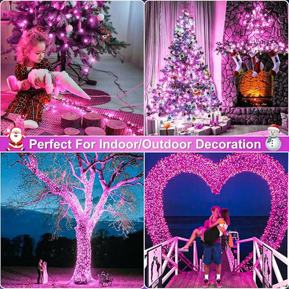 Pink Christmas Lights Outdoor, 66FT 200 LED String Lights for Outside Waterproof with 8 Modes, Plug in Connectable Fairy Light for Indoor Bedroom Patio Yard Wedding Party Holiday Decorations