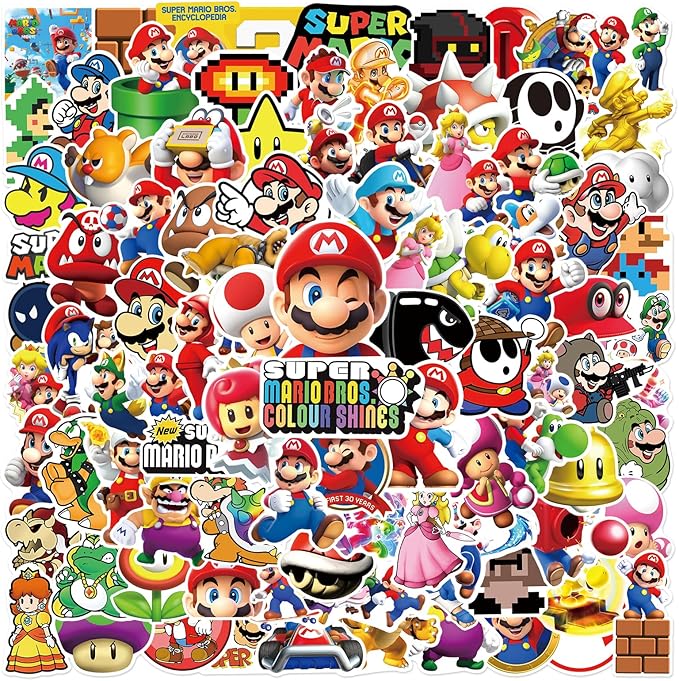 100pcs Cartoon Super Mario BROS. Stickers for Kids, Vinyl Waterproof Mario Decal for Water Bottle Laptop Toy Sticker for DIY Decorate Bumper Phone Hard Hat Kids Teens Gifts (Mar100)