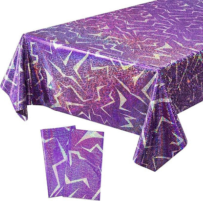 Oudain 2 Pcs Kpop Theme Purple Silvery Lightning Crack Print Holographic Party Tablecloth 54 x 108 Inch Disposable Rectangle Table Cover for Anime Korean Kpop Theme Birthday Decoration