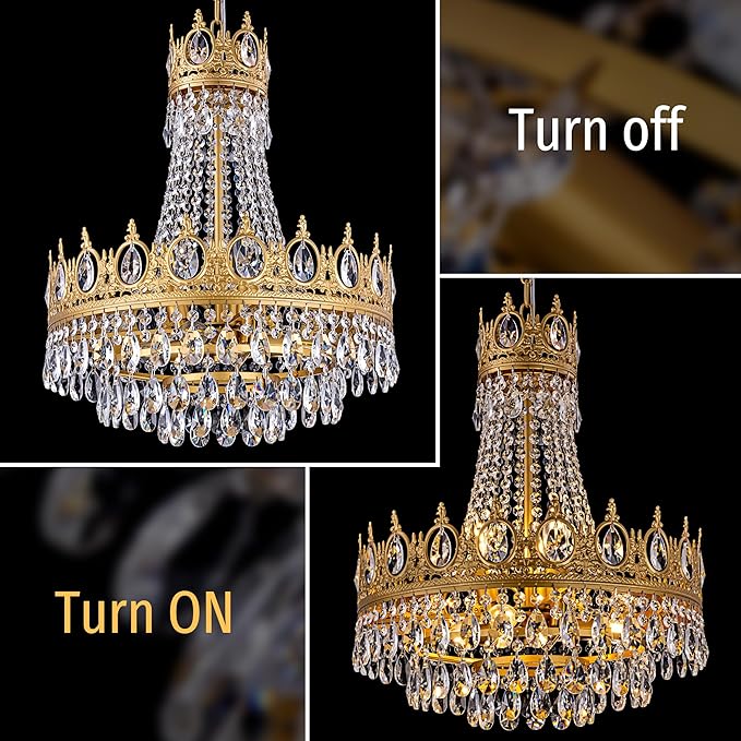 TOCHIC Gold Chandelier French Empire Crystal Chandeliers 6-Light Modern Luxury Ceiling Light Fixture for Dining Living Room, Bedroom, Kitchen Island, Bathroom, Foyer, 19" W x 23" H