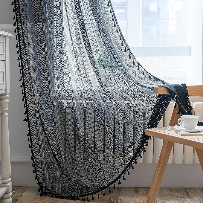 Sutuo Home Black Boho Curtain 84 Inches Length, Sheer Crochet Lace Handmade Tassels Knitted Window Treatment Vintage Rustic Bohemian Farmhouse Drape for Bedroom Rod Pocket 1 Panel 59" W x 84" L