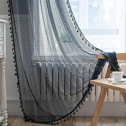 Sutuo Home Black Boho Curtain 84 Inches Length, Sheer Crochet Lace Handmade Tassels Knitted Window Treatment Vintage Rustic Bohemian Farmhouse Drape for Bedroom Rod Pocket 1 Panel 59" W x 84" L