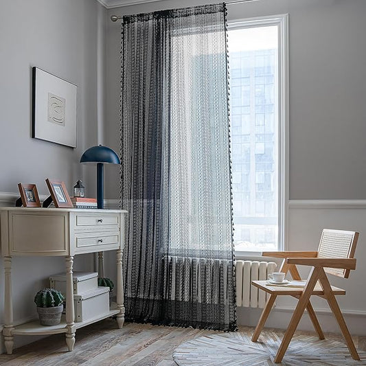 Sutuo Home Black Boho Curtain 84 Inches Length, Sheer Crochet Lace Handmade Tassels Knitted Window Treatment Vintage Rustic Bohemian Farmhouse Drape for Bedroom Rod Pocket 1 Panel 59" W x 84" L