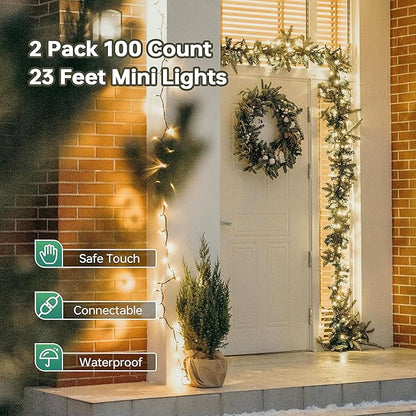 YOUNGAR Christmas Lights, Clear Outdoor Lights,2 Pack 23FT 100 Green Wire Light Connectable Incandescent Mini Light, Approved Tree Lights for Xmas Home Patio Holiday Party Garden Decor(Warm White)