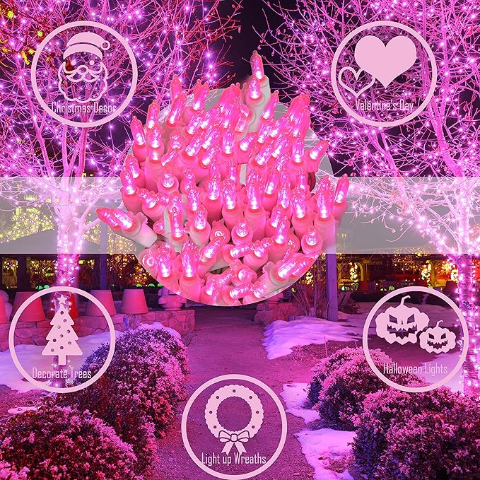 Holiday Essence Pink LED Christmas Lights 100 Mini Fairy Valentine's Day String Lights White Wire 26.9 Ft Outdoor Indoor Traditional Holiday Decor, Christmas Tree, Bedroom, Patio, Wedding Decorations