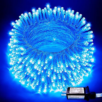 JMEXSUSS Blue Christmas String Lights Indoor Outdoor, 66ft 200 LED Blue String Lights Clear Wire Plug in, 8 Modes Waterproof Christmas Lights for Halloween Tree Party Bedroom Wall Christmas Decoration