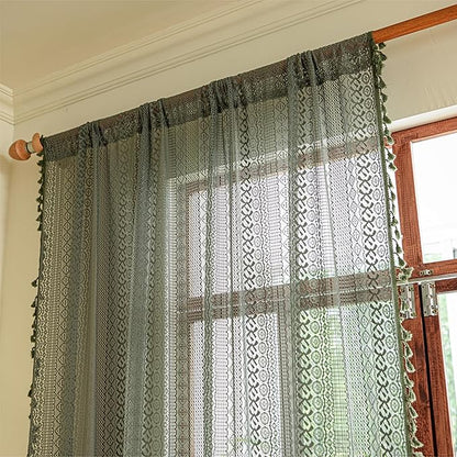 Sutuo Home Olive Green Boho Curtains 102 inches Long, Crochet Lace Sheer Bohemian Hollow Knitted Cute Tassels, Vintage Farmhouse for Bedroom Living Room Xmas Christmas Decor, 1 Panel 59" W x 102" L