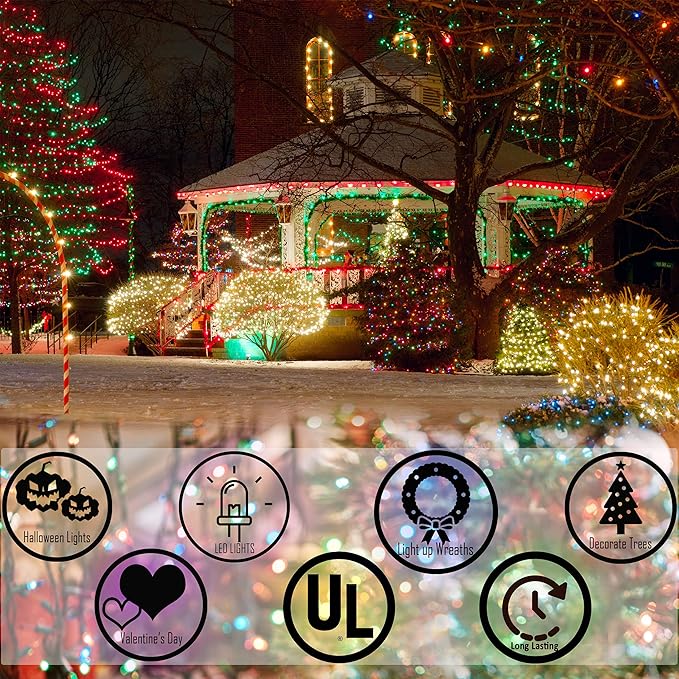Holiday Essence 100 LED Multi Color Christmas String Lights Set, 26.9 Ft White Wire Indoor Outdoor Use Décor for Easter Wedding Bedroom Home Christmas Tree Traditional Decoration, UL Certified