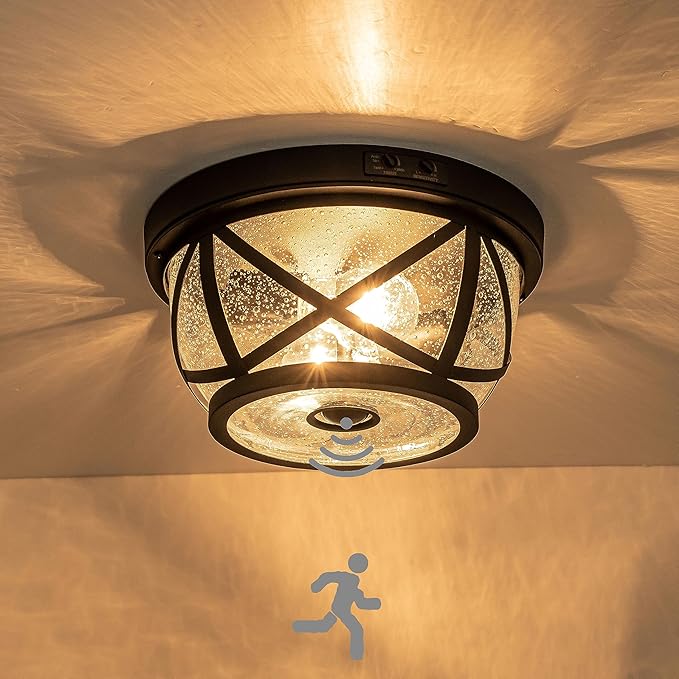 Motion Sensor Ceiling Light Fixture Outdoor Flush Mount Manual Dusk to Dawn Matte Black Waterproof Indoor Ceiling Light Fixture with Seeded Glass for Front Porch Garage Entrance