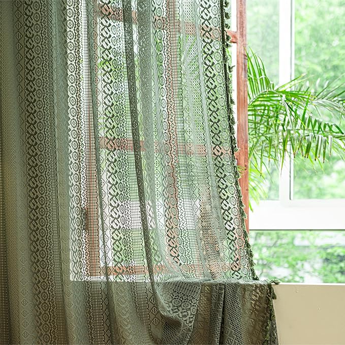 Sutuo Home Olive Green Boho Curtains 102 inches Long, Crochet Lace Sheer Bohemian Hollow Knitted Cute Tassels, Vintage Farmhouse for Bedroom Living Room Xmas Christmas Decor, 1 Panel 59" W x 102" L