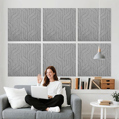 6 PCS Acoustic Panels, 23.6x23.6 Inch Sound Absorbing Panels, Decorative Acoustic Wall Panels for Recording and Home Studio, Office with Double-Sided Adhesive Tape