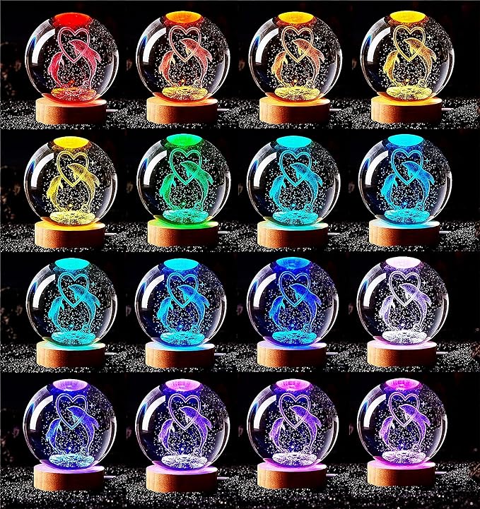 Dolphin Crystal Ball Lamp,3D 3.15 inch K9 Crystal Ball Night Light with Wooden Base Lamp for Room,Dolphin Light Gift,16 Colors Change with Remote Control (D)
