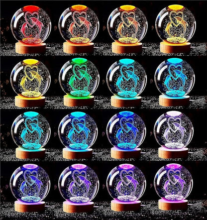 Dolphin Crystal Ball Lamp,3D 3.15 inch K9 Crystal Ball Night Light with Wooden Base Lamp for Room,Dolphin Light Gift,16 Colors Change with Remote Control (D)