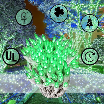 Holiday Essence - 100 LED Green Christmas Lights Set 26.9 Ft White Wire Indoor & Outdoor Holiday Décor for Christmas Tree St. Patrick's Day Easter Traditional Decoration UL Certified