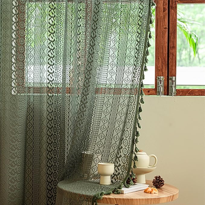 Sutuo Home Olive Green Boho Curtains 102 inches Long, Crochet Lace Sheer Bohemian Hollow Knitted Cute Tassels, Vintage Farmhouse for Bedroom Living Room Xmas Christmas Decor, 1 Panel 59" W x 102" L