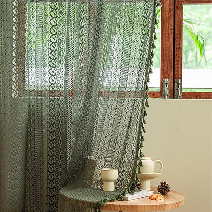Sutuo Home Olive Green Boho Curtains 102 inches Long, Crochet Lace Sheer Bohemian Hollow Knitted Cute Tassels, Vintage Farmhouse for Bedroom Living Room Xmas Christmas Decor, 1 Panel 59" W x 102" L