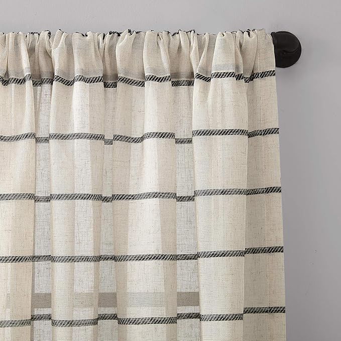 Clean Window Twill Stripe Anti-Dust Allergy/Pet Friendly Anti-Dust Sheer Curtain Panel, 52" x 63, Black/Linen