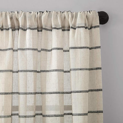 Clean Window Twill Stripe Anti-Dust Allergy/Pet Friendly Anti-Dust Sheer Curtain Panel, 52" x 63, Black/Linen